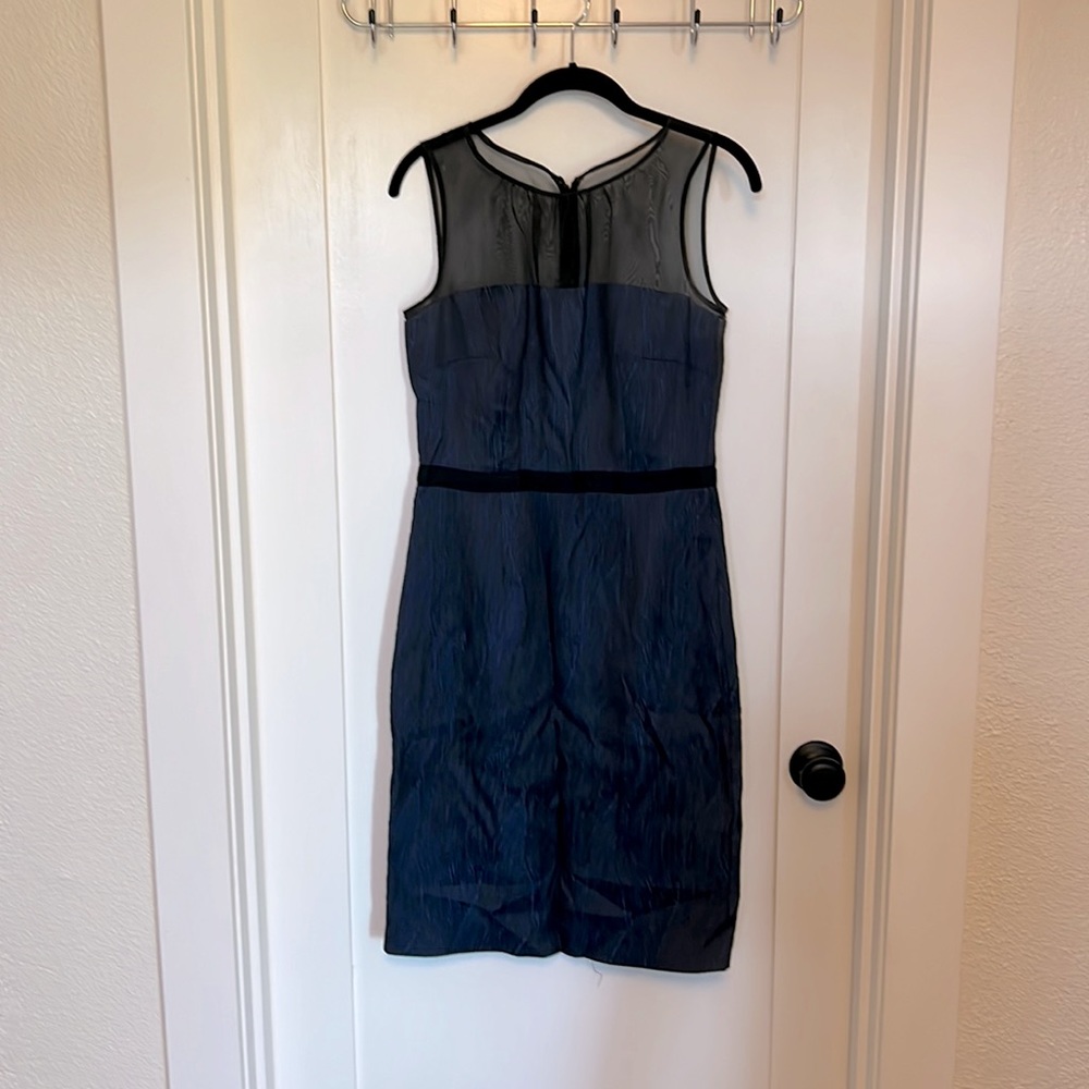 Navy blue sleeveless party dress with illusion top